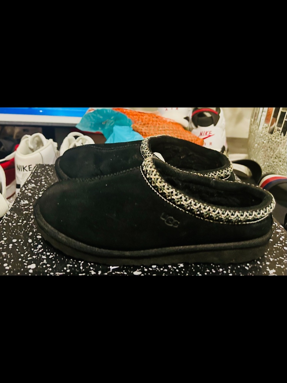UGG Kids Black Suede Slip-On Mule with Contrast Trim